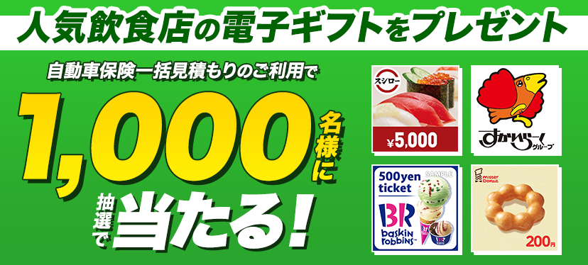 自動車保険一括見積もりをご利用いただいた方に抽選でプレゼント