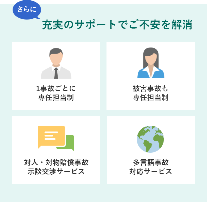 さらに 充実のサポートでご不安を解消 1事故ごとに専任担当制 被害事故も専任担当制 対人・対物賠償事故示談交渉サービス 多言語事故対応サービス