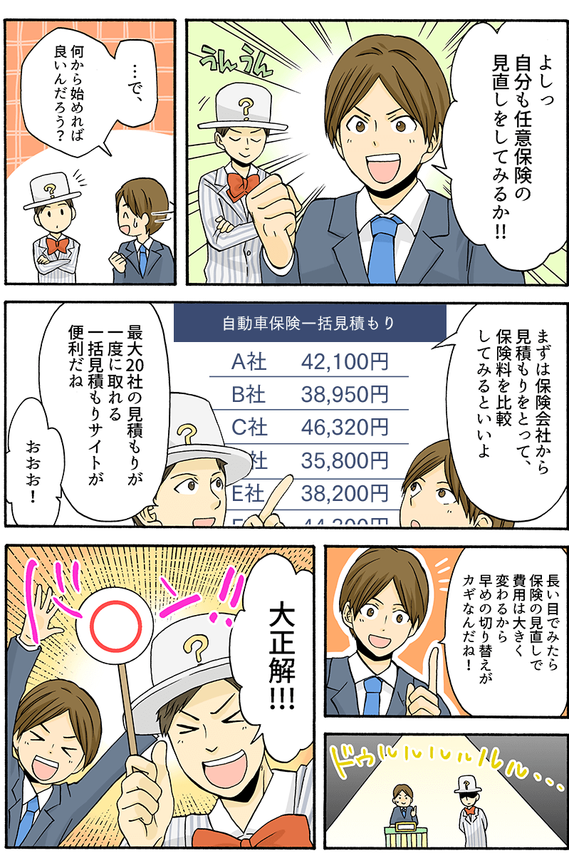 「よしっ自分も任意保険の見直しをしてみるか！！」「…で、何から始めれば良いんだろう？」「まずは保険会社から見積もりをとって、保険料を比較してみるといいよ」「最大20社の見積もりが一度に取れる一括見積もりサイトが便利だね」「おおお！」「長い目でみたら保険の見直しで費用は大きく変わるから早めの切り替えがカギなんだね！」「大正解！！！」