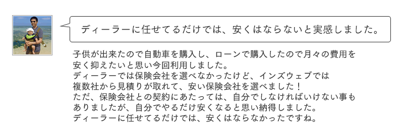 ディーラーに任せてるだけでは、安くはならないと実感しました。子供が出来たので自動車を購入し、ローンで購入したので月々の費用を安く抑えたいと思い今回利用しました。ディーラーでは保険会社を選べなかったけど、インズウェブでは複数社から見積りが取れて、安い保険会社を選べました！ただ、保険会社との契約にあたっては、自分でしなければいけない事もありましたが、自分でやるだけ安くなると思い納得しました。ディーラーに任せてるだけでは、安くはならなかったですね。